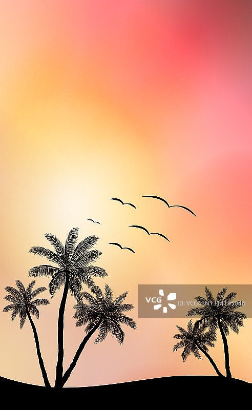 现实的海上日落在棕榈树的背景-向量图片素材
