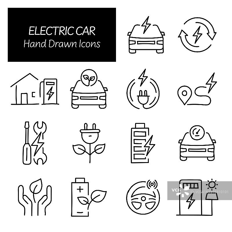 电动汽车相关手绘图标，涂鸦元素矢量插图图片素材
