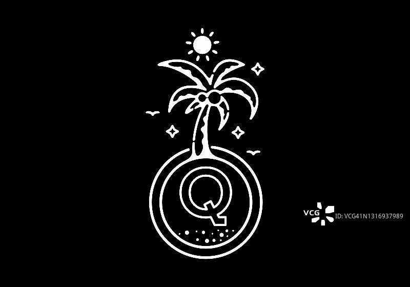 白色黑色线条艺术插图的椰子树在海滩上与Q首字母设计图片素材