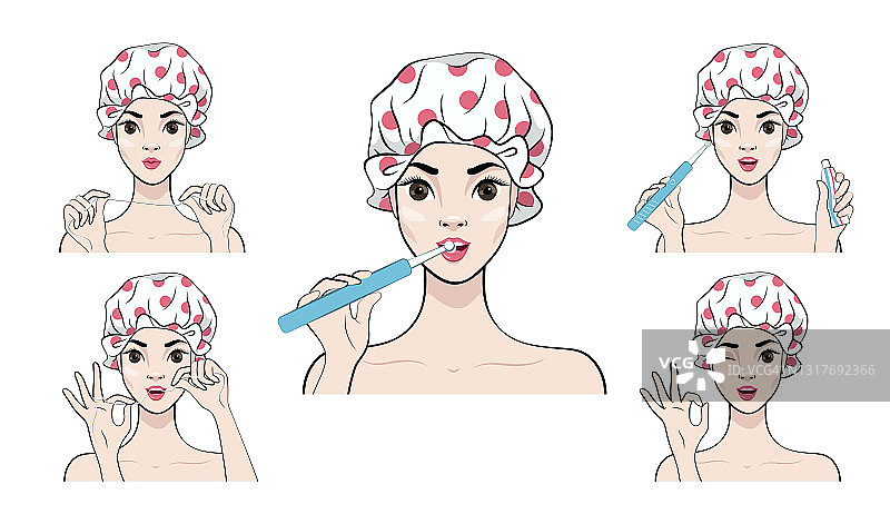 一套插图与美丽的女孩在淋浴帽。牙科护理。牙齿清洁。图片素材