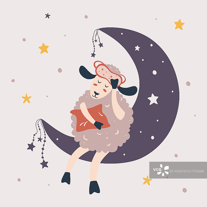 可爱的小绵羊在月亮上睡觉。甜蜜的梦想。可爱的绵羊与夜空，月亮和星星。设计婴儿，儿童海报，幼儿园墙艺术，卡片，邀请。卡通羊矢量插图。图片素材