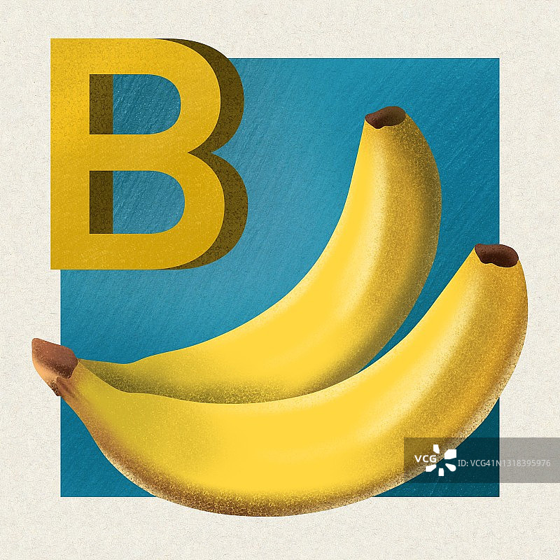 手绘纹理可爱的水果字母B字母香蕉插画。用于印刷、织物、卡片、海报、学校、幼儿园、儿童教育、儿童书籍、宣传册图片素材