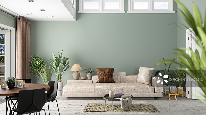 现代客厅室内绿色植物，沙发和绿色墙背景图片素材
