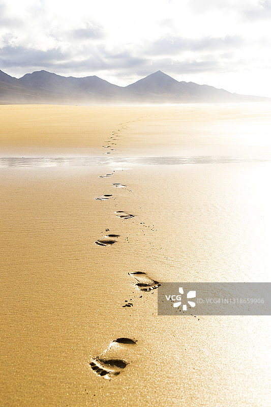 富埃特文图拉Cofete沙滩上的脚印图片素材