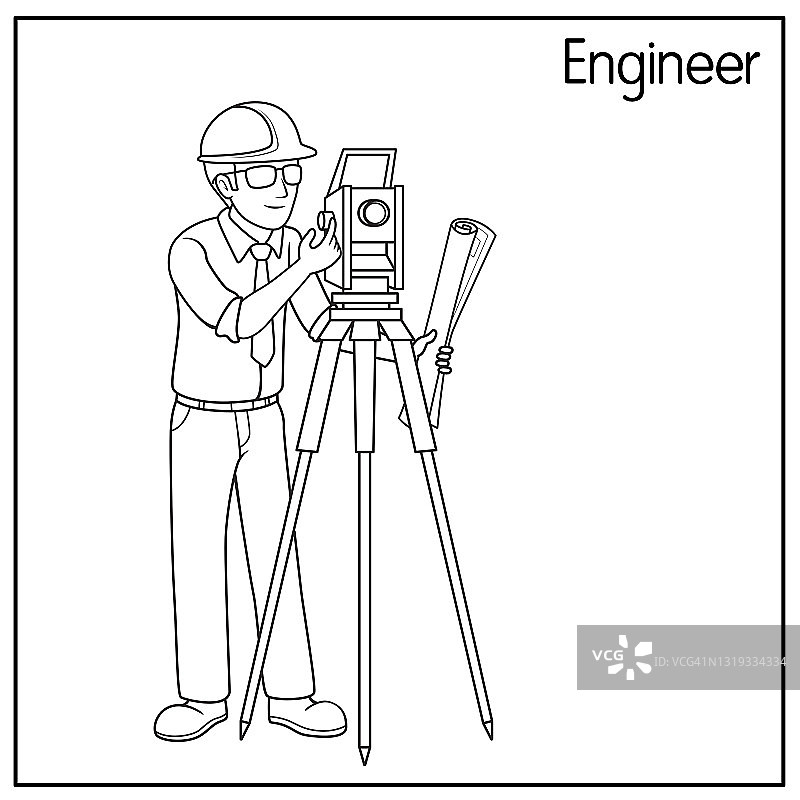 矢量插图的工程师孤立在白色背景。工作和职业概念。卡通人物。教育和学校儿童涂色页，可打印，活动，工作表，抽认卡。图片素材