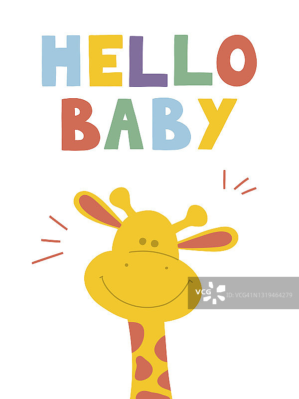 手绘贺卡与可爱的长颈鹿和Hello Baby文字在白色背景。图片素材