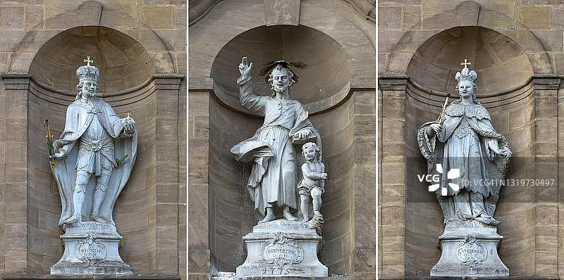 亨利二世皇帝，圣巴托洛缪和昆尼翁女皇的雕塑，在巴洛克巴塞洛缪教堂，布滕海姆，上弗兰科尼亚，德国巴伐利亚图片素材