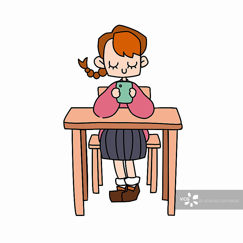 一个可爱的辫子女孩使用智能手机与黑色轮廓平面卡通矢量插图孤立在白色背景。一个粉红色毛衣的学生女孩在玩游戏，看视频或社交媒体。图片素材