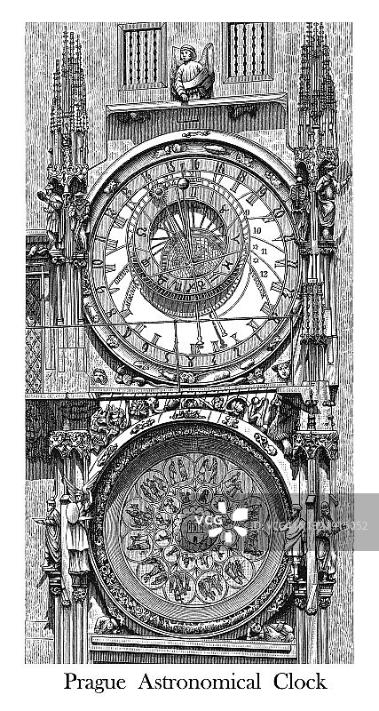 古老的布拉格天文钟雕刻插图图片素材