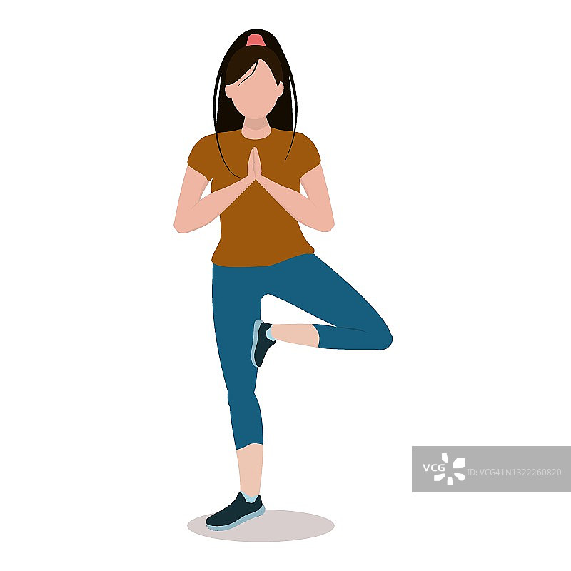 矢量插图的一个年轻的黑发女子做瑜伽，孤立在一个白色的背景图片素材