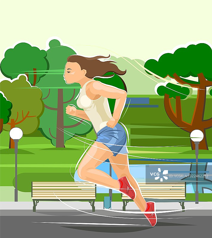 女孩跑。体育运行。健康的生活方式。平的卡通风格。女跑步者正在城市公园区锻炼。向量图片素材
