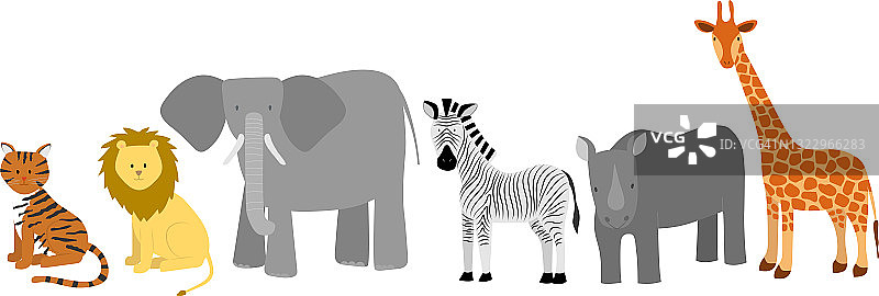 一套手绘可爱的野生动物。老虎，狮子，大象，斑马，犀牛和长颈鹿图片素材