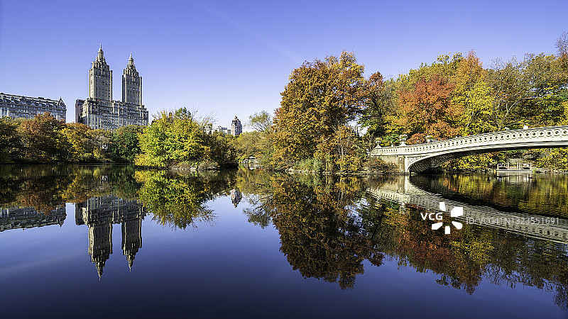 纽约中央公园的秋叶和弓形桥图片素材