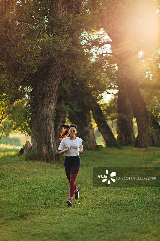 年轻专注的女运动员，在夕阳下慢跑，周围是平静的自然图片素材