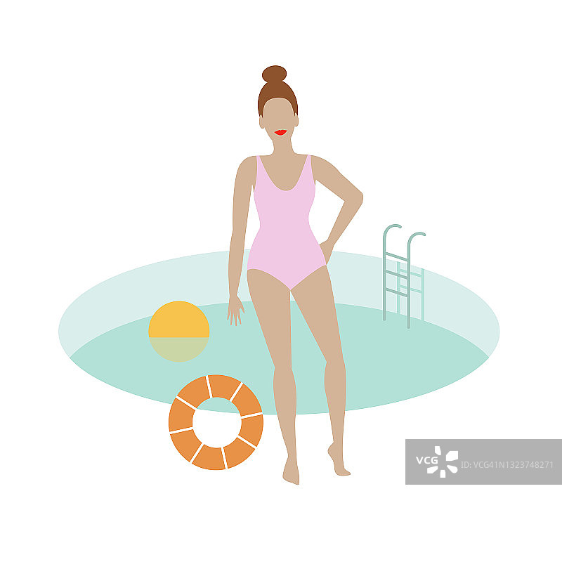 女子站在游泳池旁，矢量图。图片素材