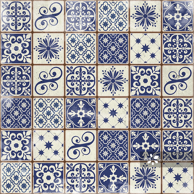 蓝色葡萄牙瓷砖图案邋遢的背景- Azulejos时尚室内设计瓷砖图片素材