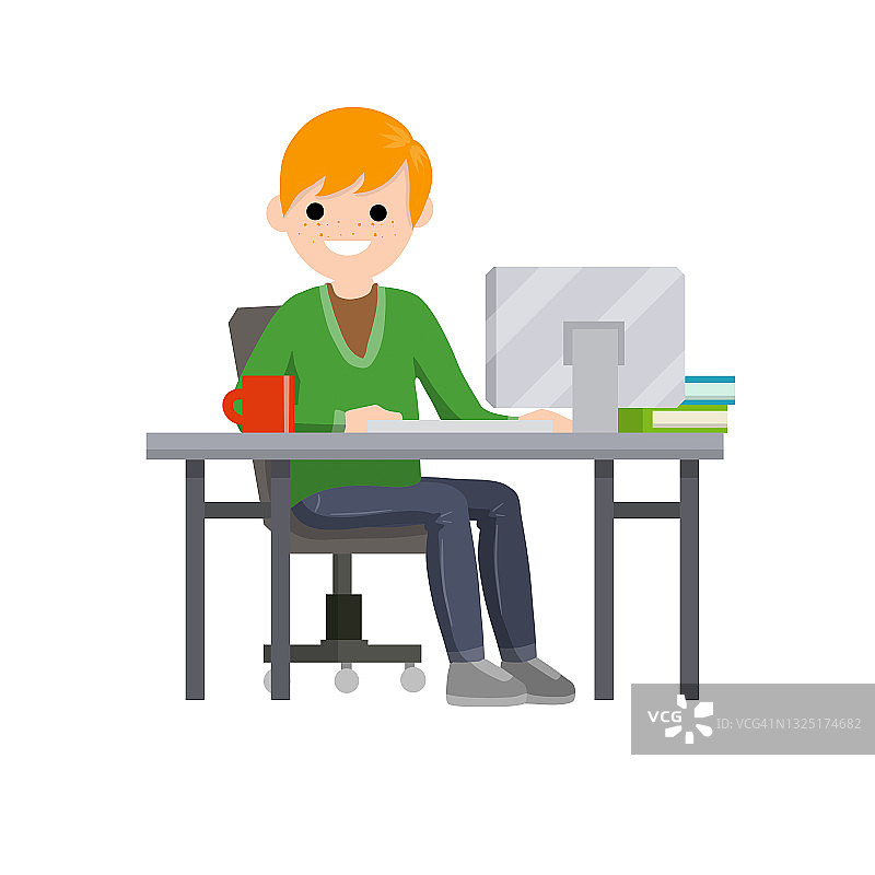 一个人坐在桌子旁边，电脑和显示器。一杯咖啡和一本书。程序员在家工作。爱好和网络娱乐。卡通平面插图。自由输入消息图片素材