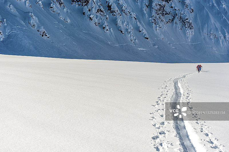 偏远地区的滑雪者攀登积雪的加拿大落基山脉图片素材
