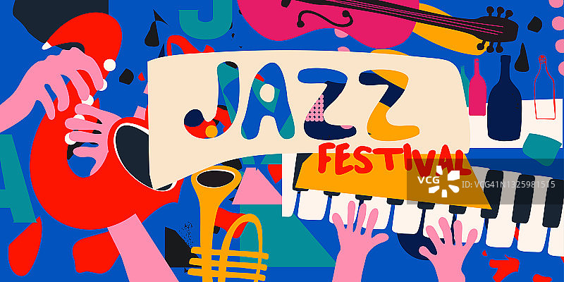 爵士音乐宣传海报与乐器彩色矢量插图。钢琴键，小号和萨克斯管横幅为现场音乐会事件，音乐节，演出，庆祝活动，派对传单图片素材