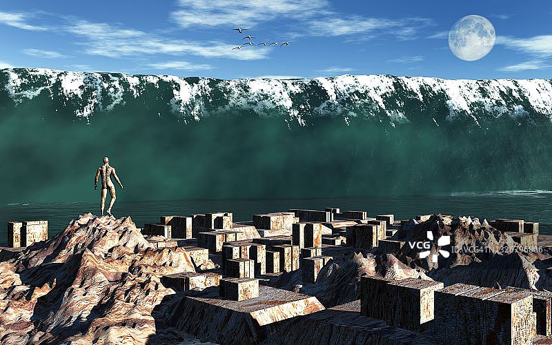 海啸袭击沿海城市图片素材