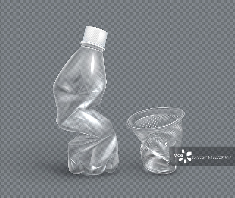 弯曲的塑料杯和瓶子装水，矢量图片素材