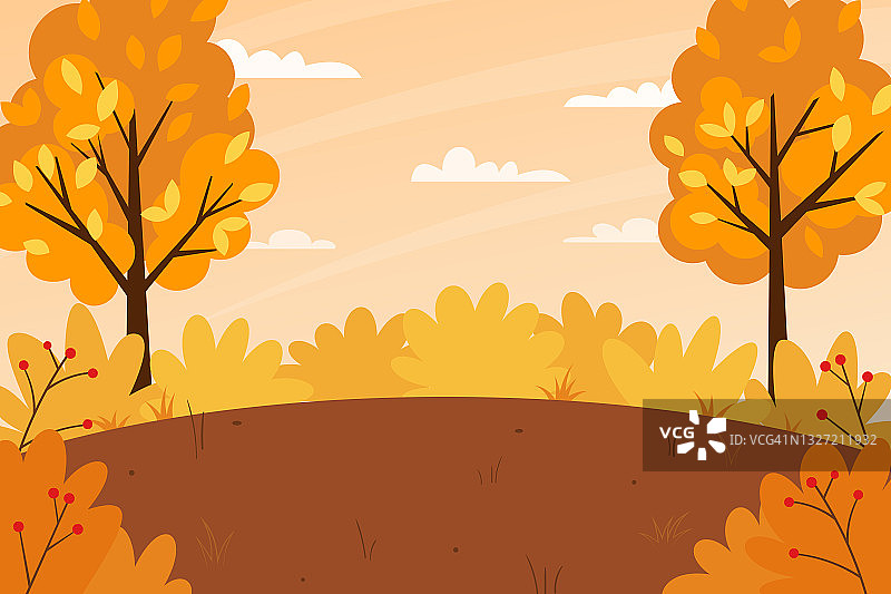水平秋天的风景。黄色的树和橙色的叶子，一片有土壤，灌木，森林的空地。颜色向量插图。自然背景与空白文字图片素材
