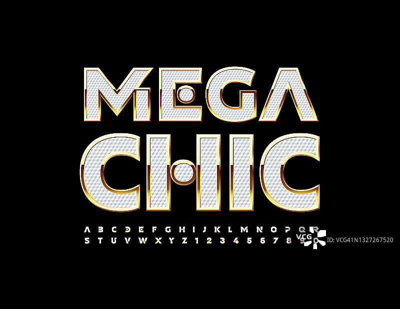 矢量时尚的标志Mega Chic。纹理白色和金色字母和数字集图片素材