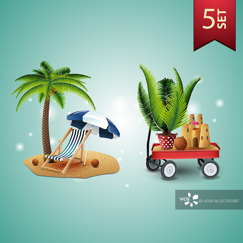一套3D体积夏季图标为您的艺术，棕榈树，沙滩椅，海滩伞，花园手推车与沙子，沙子城堡和盆栽棕榈图片素材