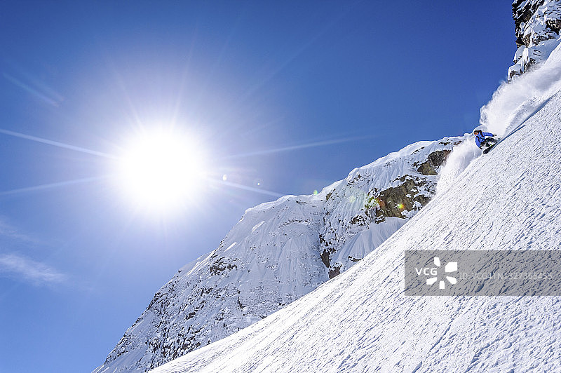穷乡僻岭滑雪者下降雪山山脊图片素材