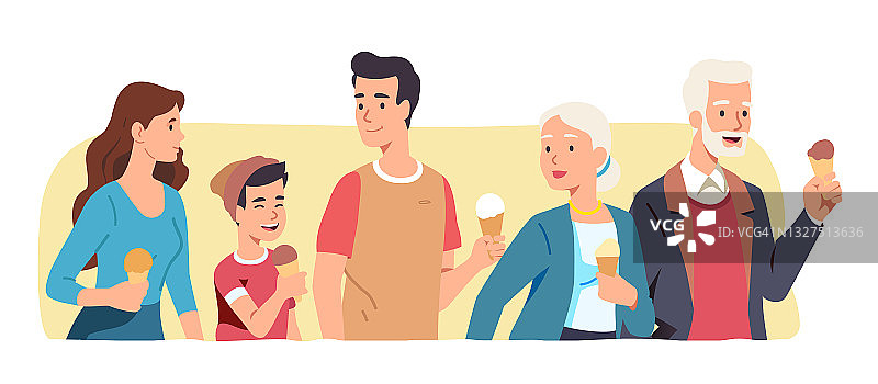 母亲，父亲，祖母，祖父，儿子，孩子，家族几代人一起吃冰淇淋散步。父母、祖父母、夫妇、孩子都喜欢交流。平面向量插图图片素材