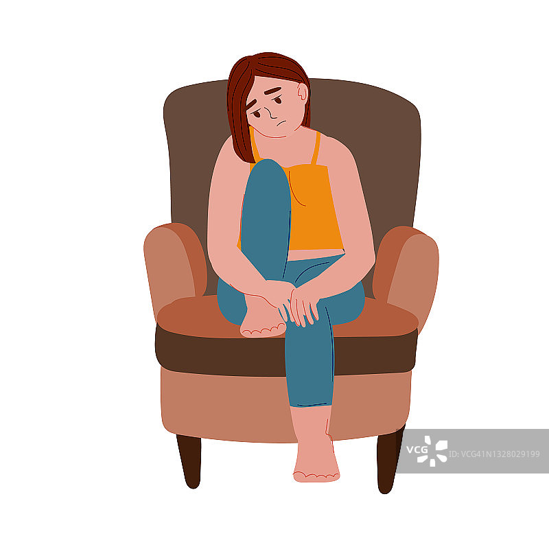悲伤孤独沮丧的女人坐在椅子上。抑郁和心理健康。精神障碍和心理治疗。股票矢量插图的一个女孩在白色的背景。图片素材