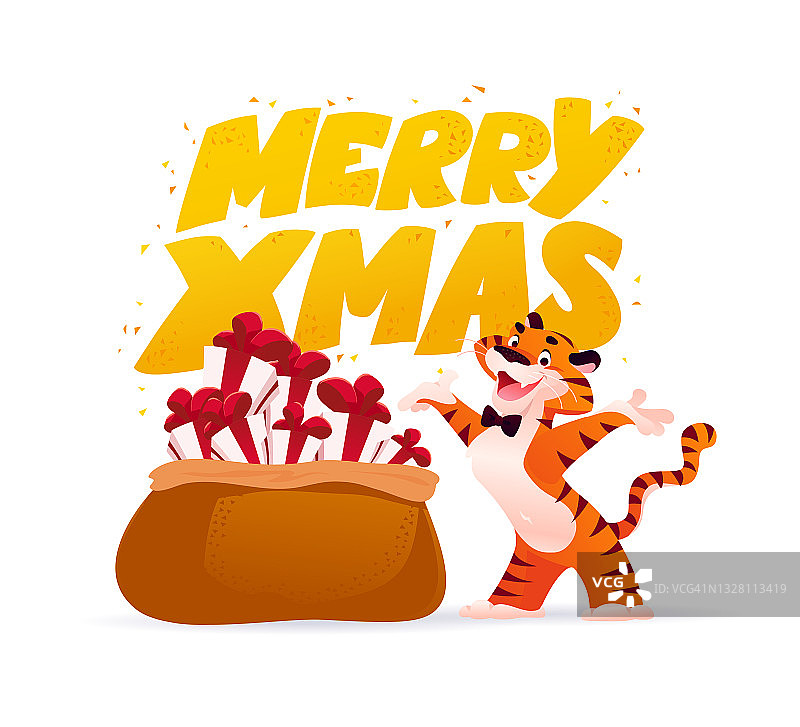 矢量平面卡通插画新年和快乐的吉祥物老虎有趣的字符与文字祝贺和大礼品袋孤立。图片素材