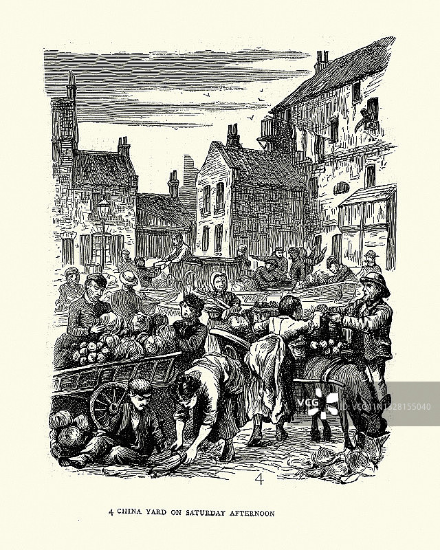 街头小贩，市场，中国坊，伦敦，19世纪70年代，维多利亚时期19世纪的工人阶级图片素材