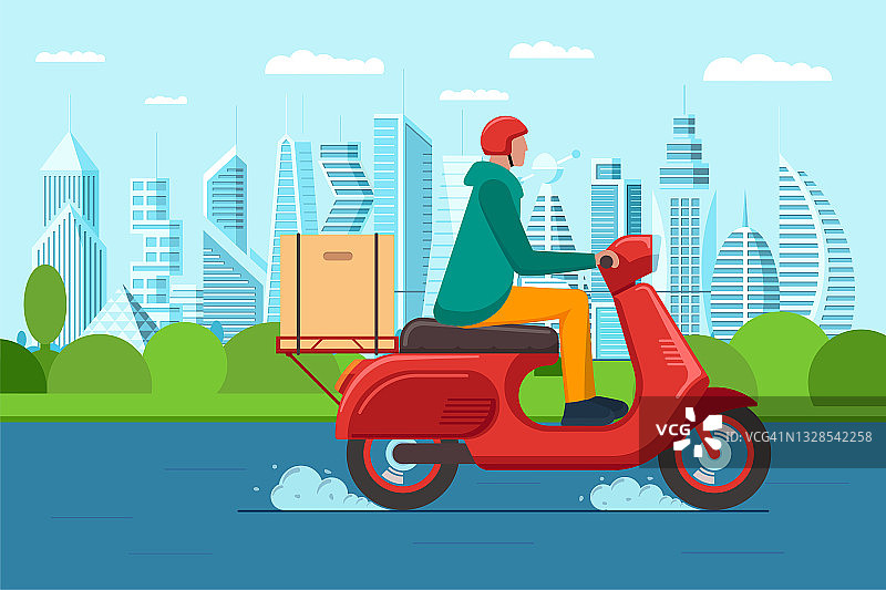 快速城际快递服务，骑摩托车的快递员。快递物流男性在红色机动脚踏车运送订单包裹箱在现代城市景观道路。货物或食物携带矢量插图图片素材