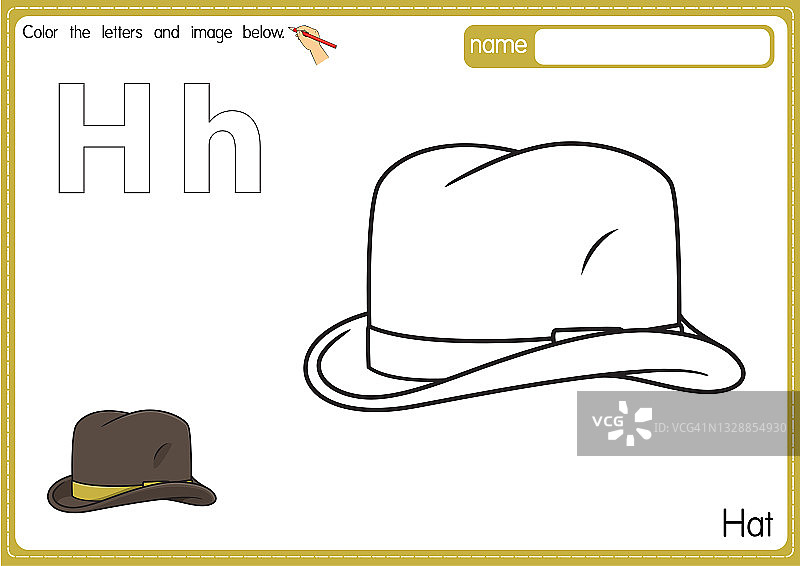 矢量插图的儿童字母着色书页与概述剪贴画，以颜色。字母H代表帽子。图片素材