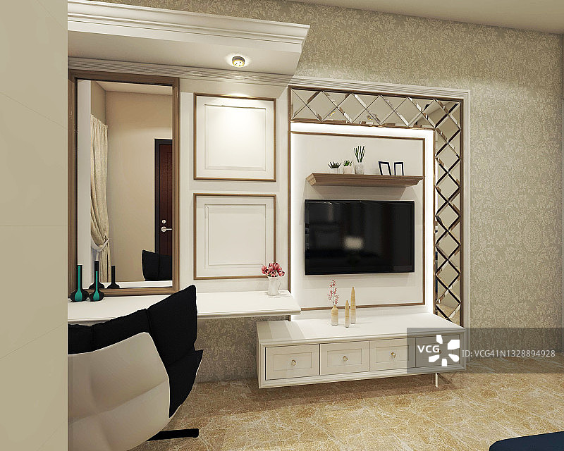 室内卧室配有梳妆台和电视柜，白色古典风格图片素材