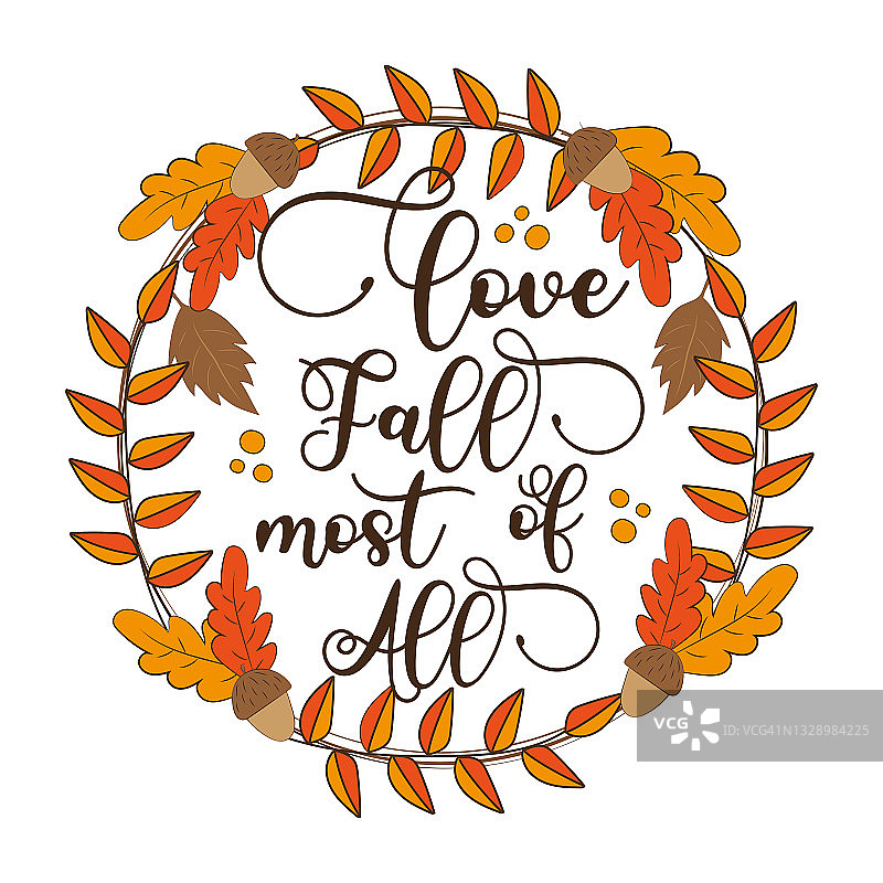 爱情最秋天-秋天的说法，橡树叶和橡子的花环。图片素材