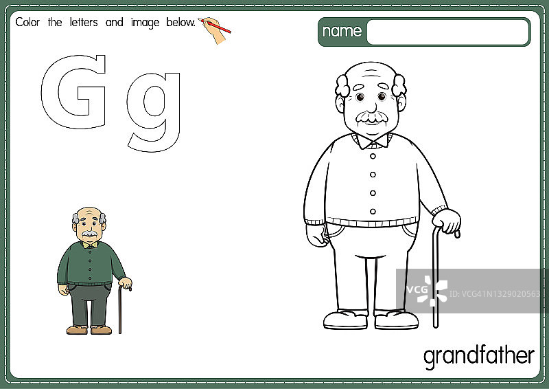 矢量插图的儿童字母着色书页与概述剪贴画，以颜色。字母G代表祖父。图片素材