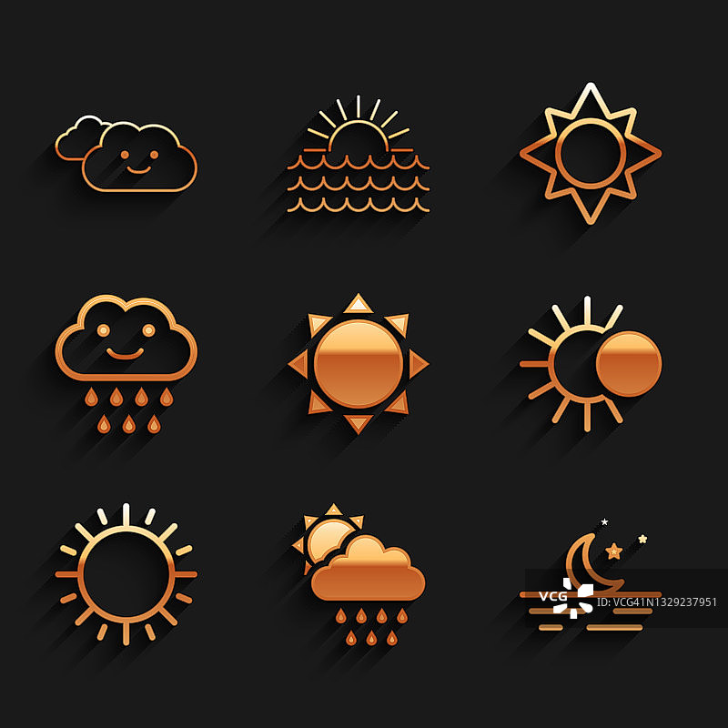 日落，云与雨和太阳，月亮星星，月食，和图标。向量图片素材