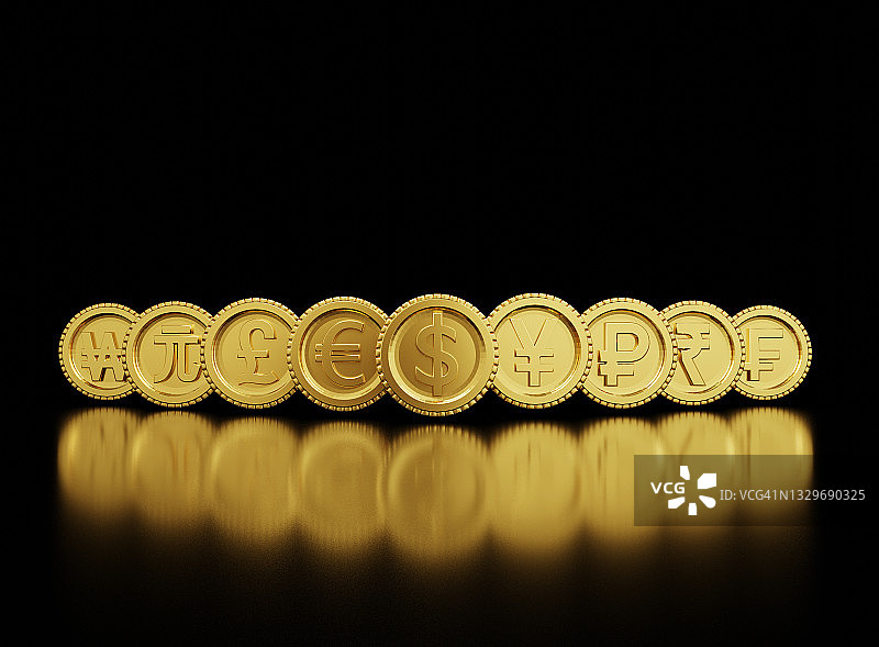 3D渲染的黄金货币兑换包括美元、日元、英镑、欧元、人民币、韩元在世界上的黑色背景和复制空间，外汇交易和投资概念。图片素材