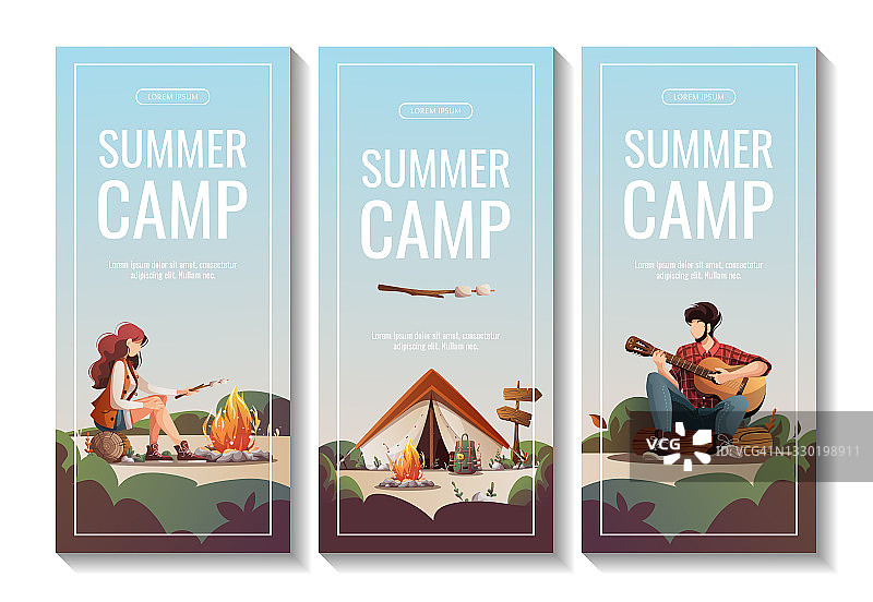 为夏季露营，旅行，旅行，徒步旅行，野营者，自然，旅行，野餐的宣传传单集。图片素材