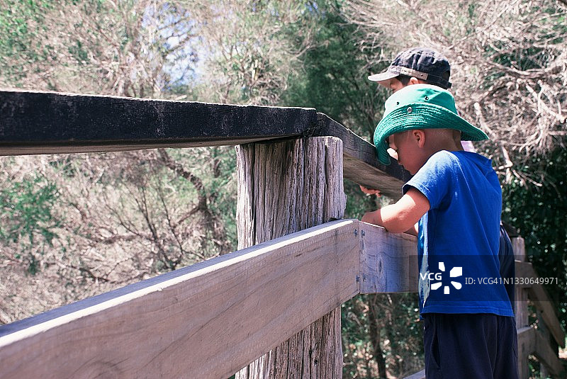 小男孩在大自然中俯瞰一座木桥图片素材