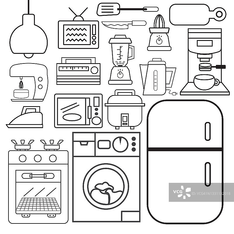 电器和厨具轮廓图标可爱设置在白色背景。各种家用细线设备设施。向量,插图。图片素材