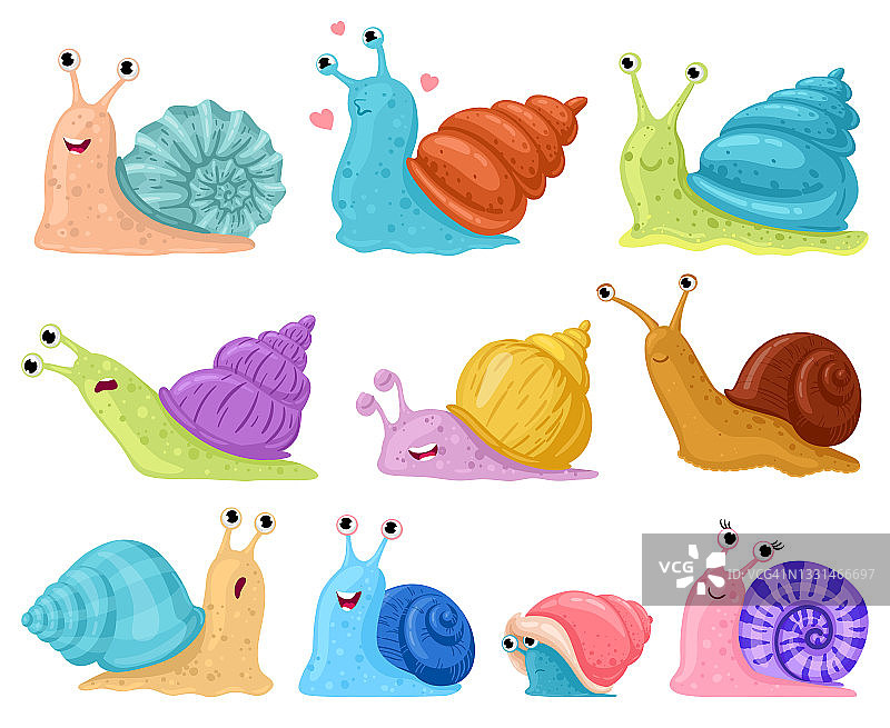 卡通蜗牛。花园蜗牛吉祥物，可爱的小腹足在彩色蜗牛壳卡通矢量插图集。可爱的软体动物角色图片素材
