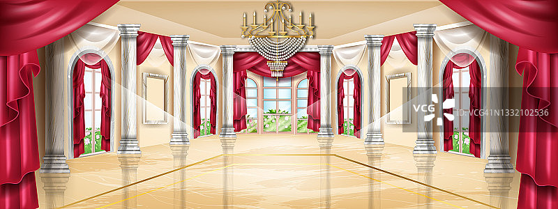 宫殿内部矢量背景，城堡大厅，经典的舞厅插图，拱形窗，大理石柱子。图片素材
