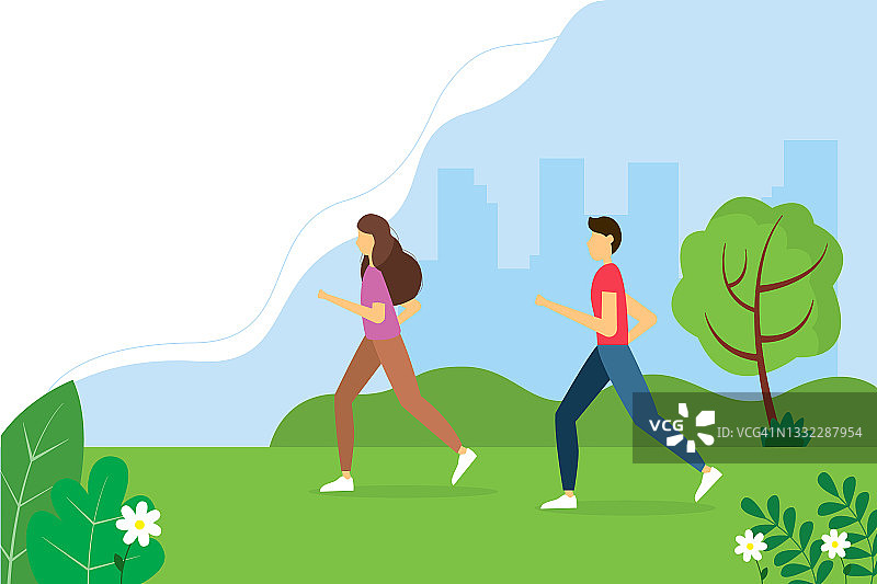 年轻人围着公园跑。健康生活方式的概念插图，锻炼，慢跑。平面风格的插图。图片素材