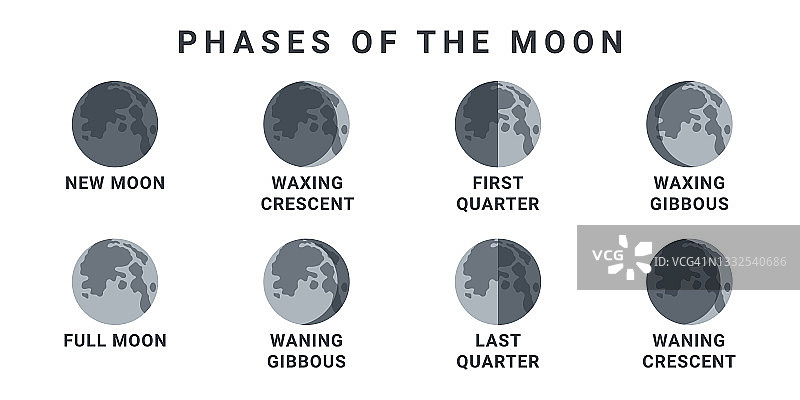 月球阶段。从新月到满月的整个周期。矢量图图片素材