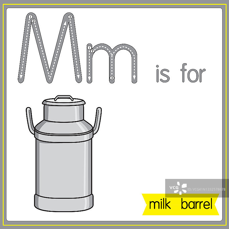 矢量插图学习字母为儿童与卡通形象。字母M代表牛奶桶。图片素材