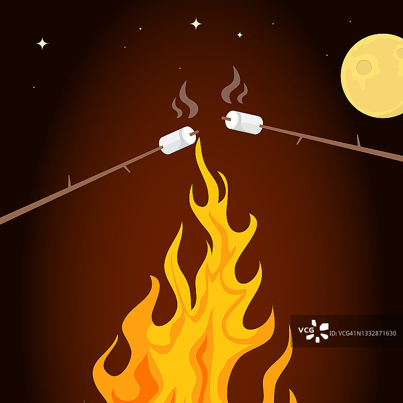 棉花糖棒在火上烤着，背景是夜空。向量,卡通插图。向量。图片素材