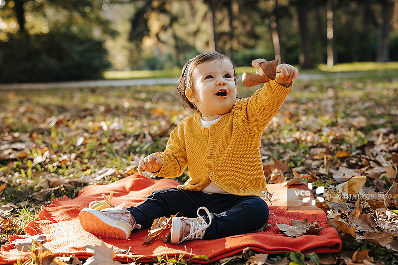 好奇的宝宝在黄色的秋天公园里玩树叶图片素材